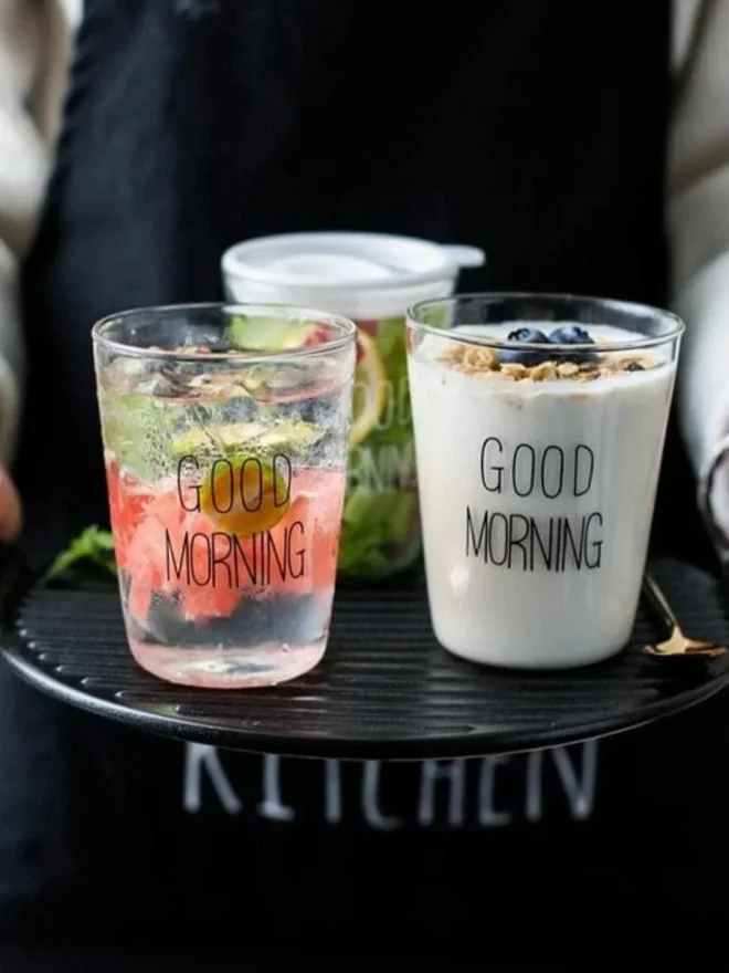 1Chase 1CHASE Set of 2 - Borosilicate Good Morning Printed Glass Cup 400ml